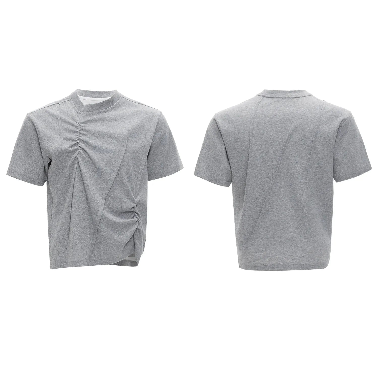 Men's black cotton T-shirt with three-dimensional pleated texture, round neck and short sleeves