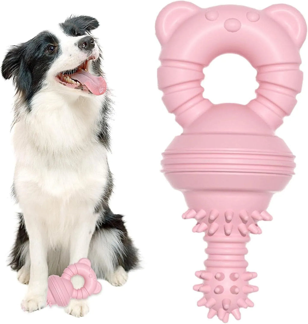 Blue rubber dog chew toy with textured surface and internal bell, shown next to a tape measure indicating 13.5 cm length.