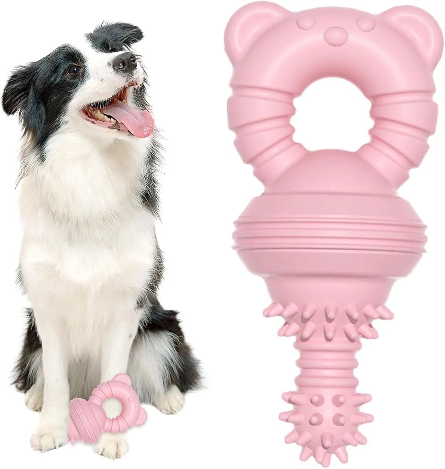 Blue rubber dog chew toy with textured surface and internal bell, shown next to a tape measure indicating 13.5 cm length.