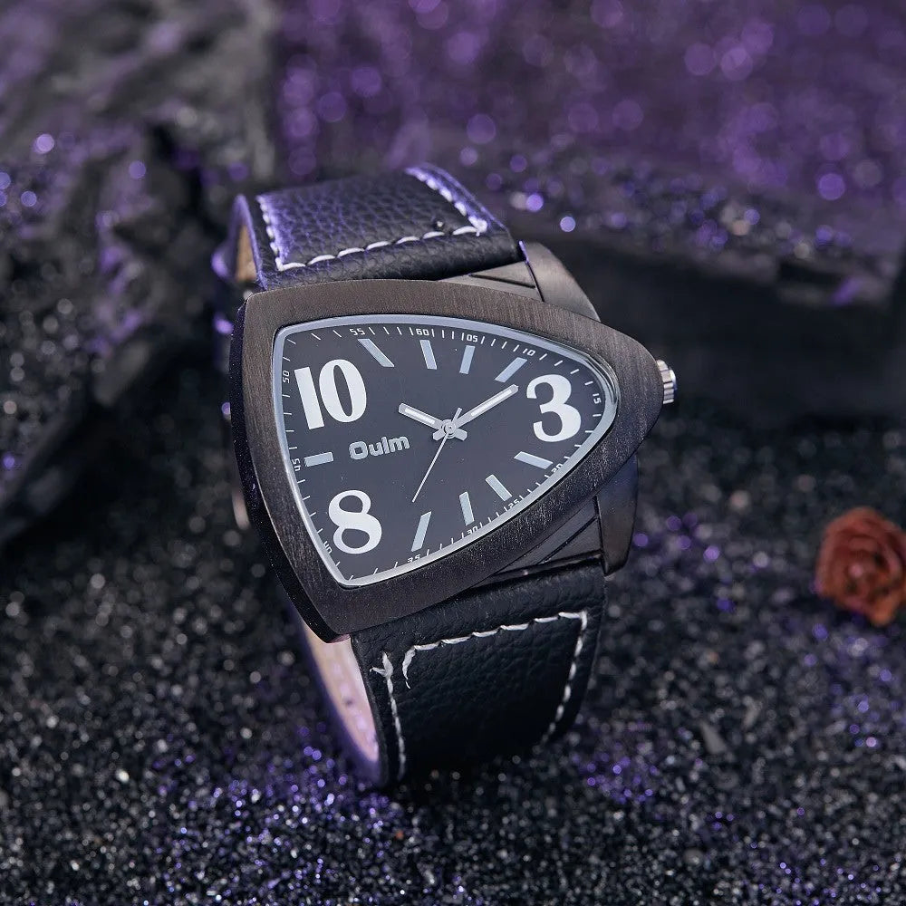 Men's casual triangle belt quartz watch in brown, black, or blue colour with 9mm thick case.
