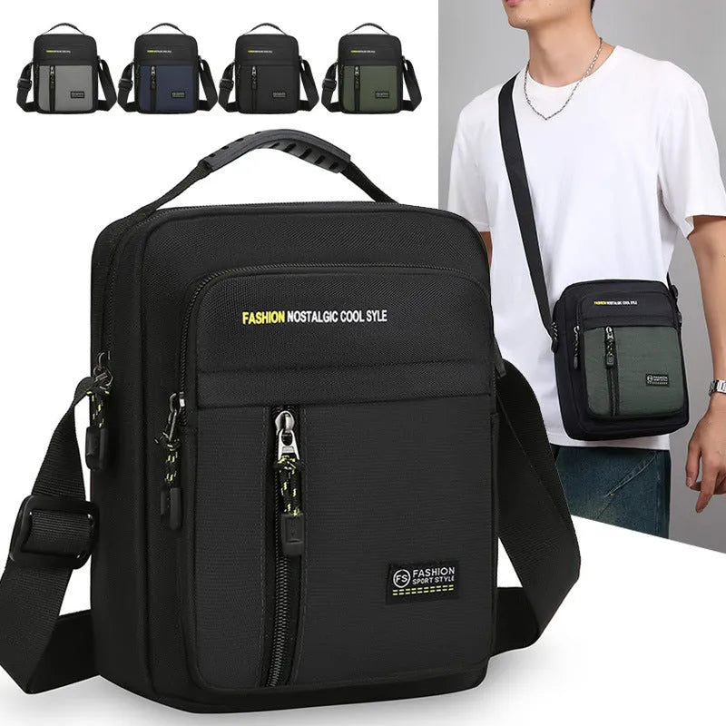 Men's nylon crossbody messenger bag with sewing thread detailing in black, blue, green, or grey.