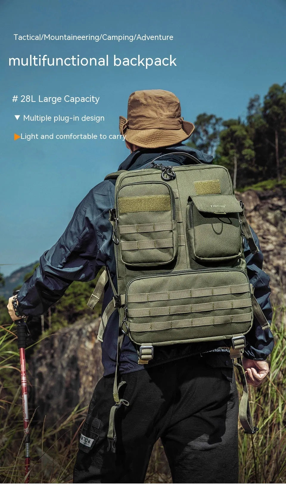 17-inch waterproof tactical backpack in army green with 20-35L capacity for outdoor use
