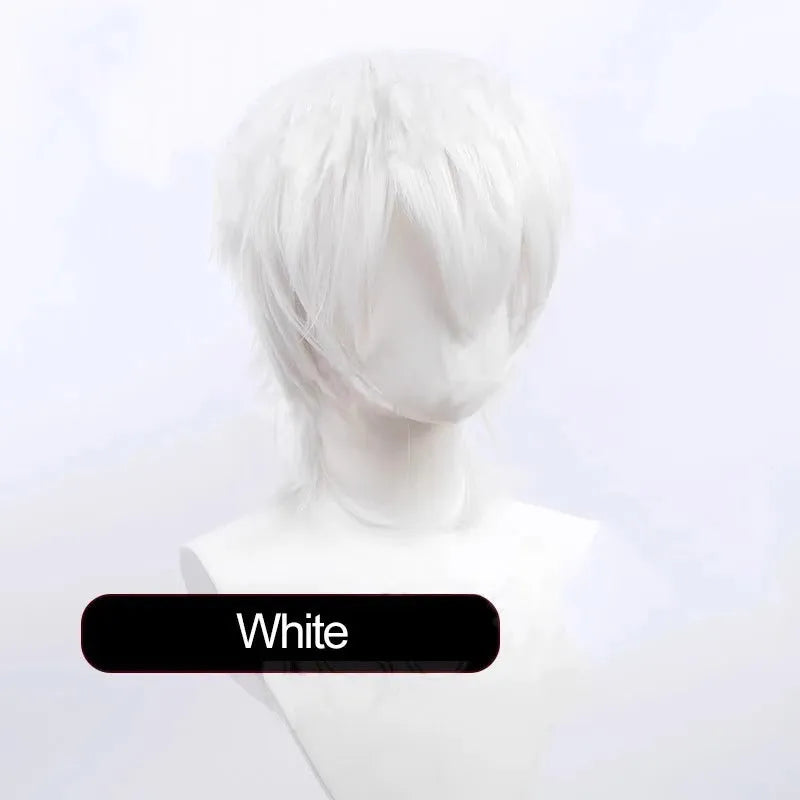 A short-style anime cosplay wig for men in a selected colour, showing its lengthened hair tail.