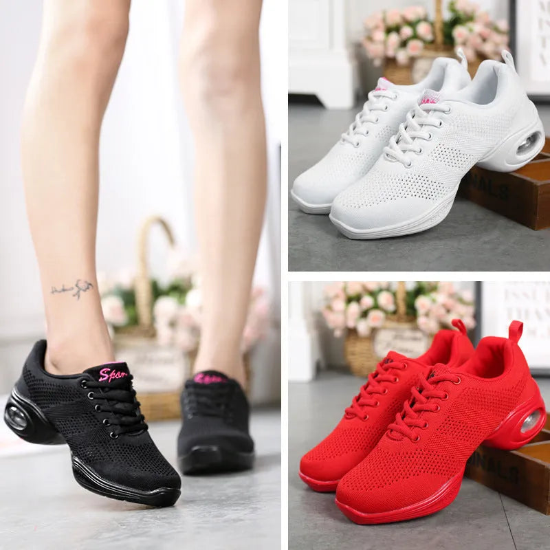Women's Flyknit woven mesh dancing shoes with soft PU sole in multiple colour variations for summer dance and sports