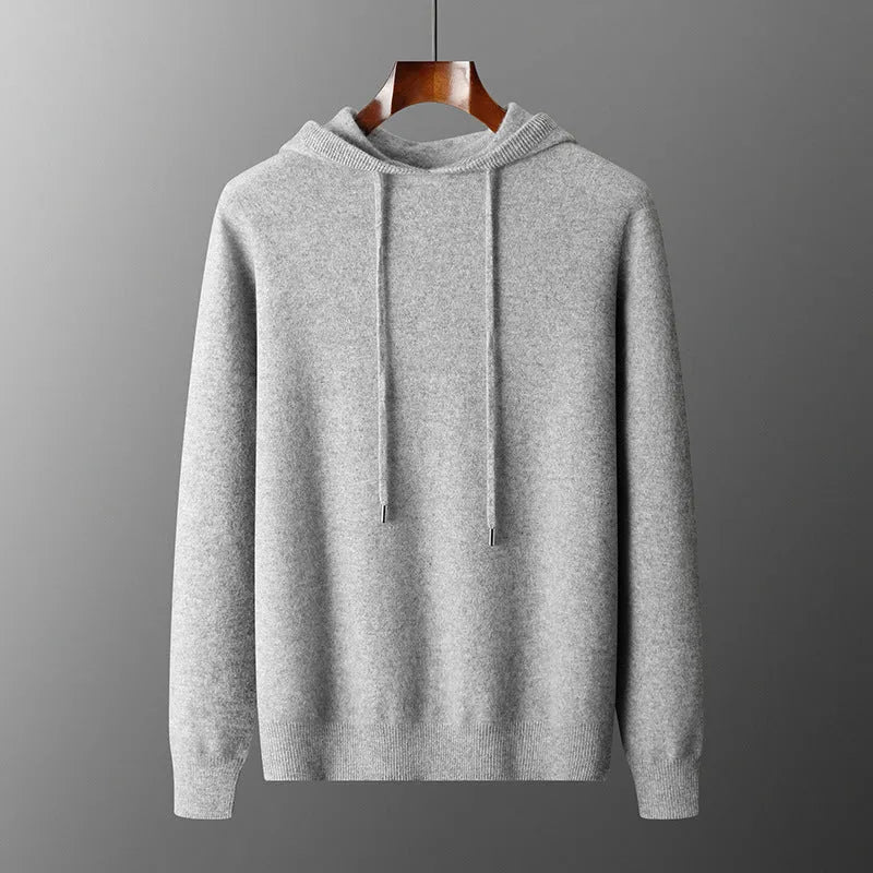 Men's dark grey cashmere hooded sweatshirt and trousers winter casual set laid flat