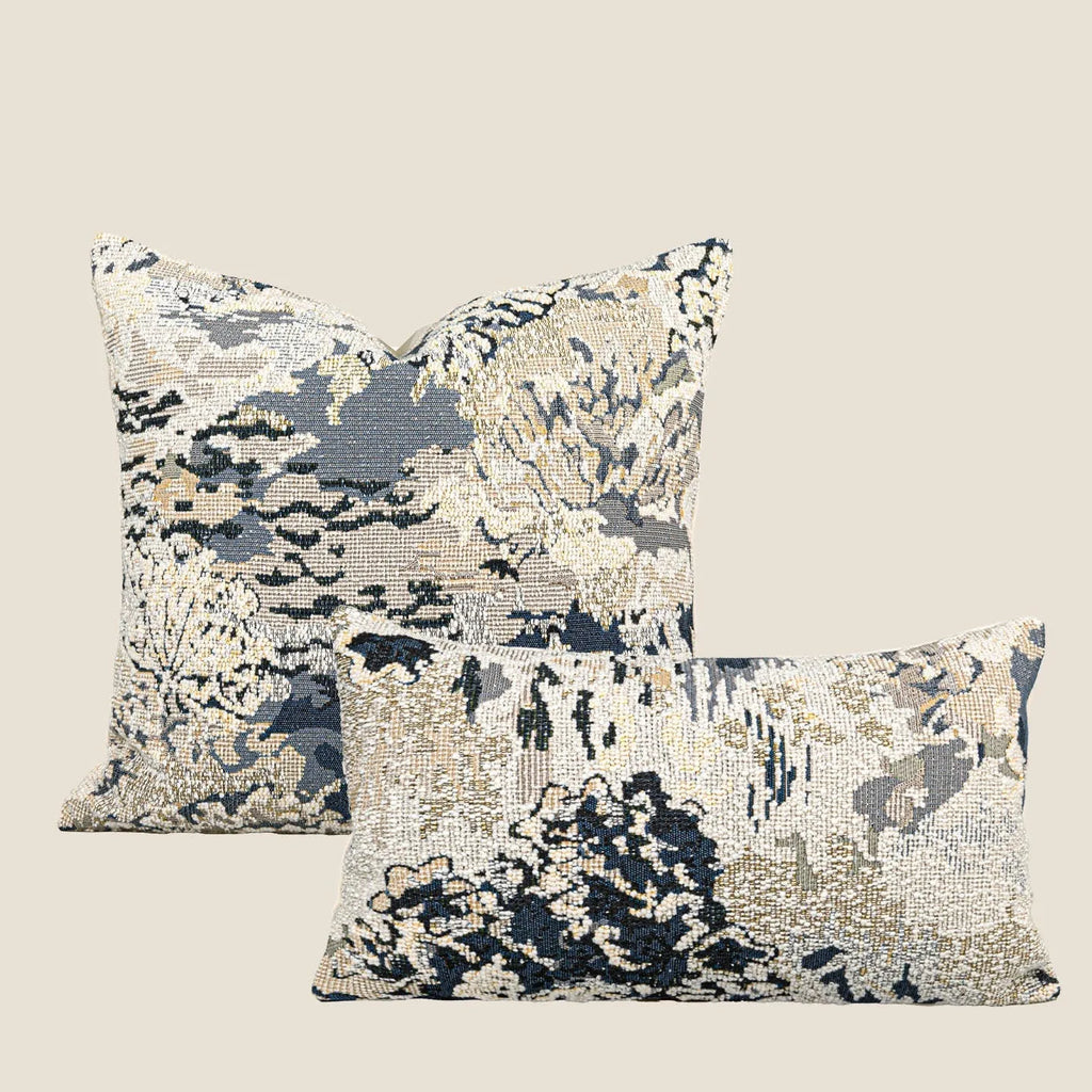 French style decorative cushion with abstract floral pattern in antique blue colour