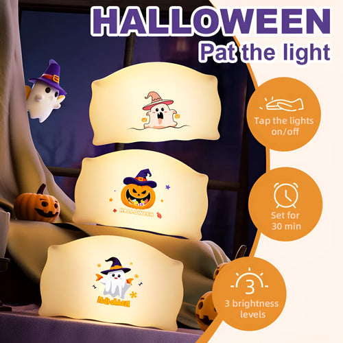 Cartoon Halloween ghost table lamp showing Magic Ghost and Pumpkin Ghost designs with USB-C charging port
