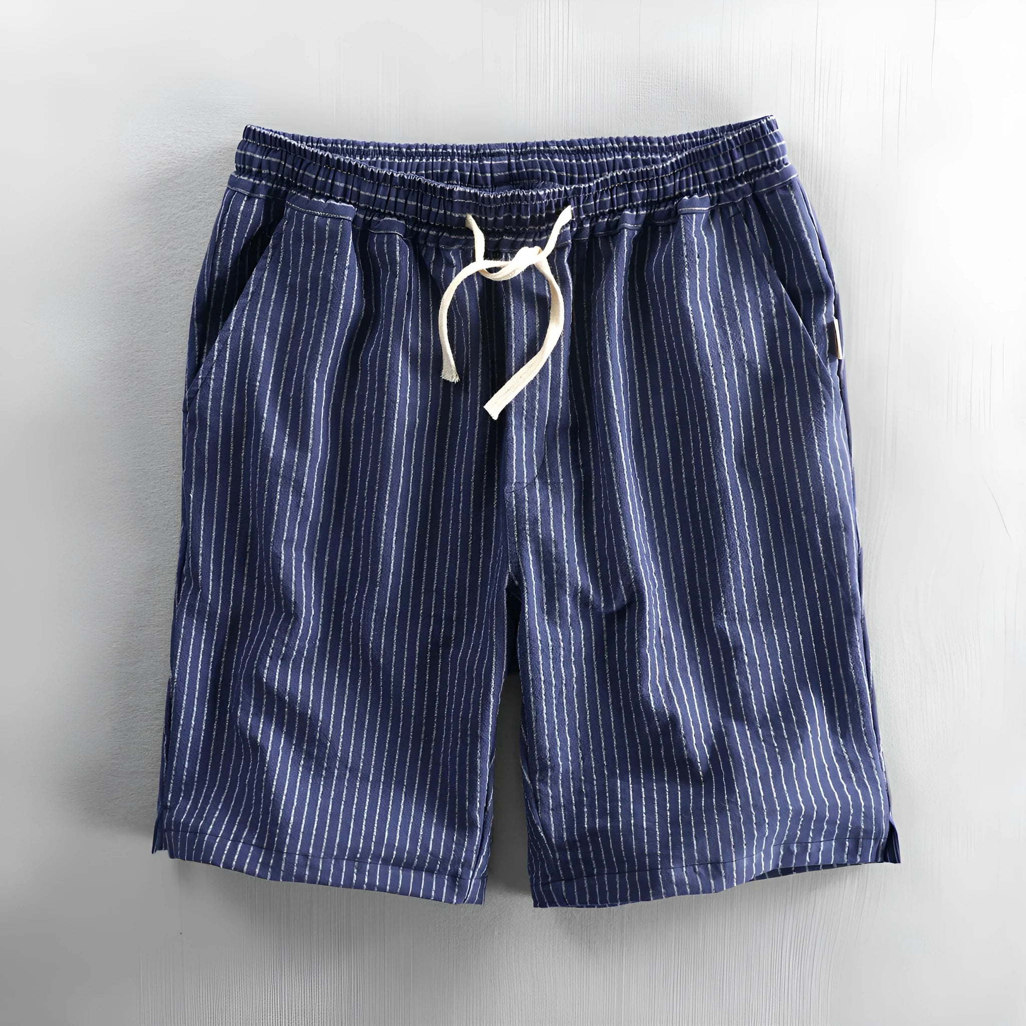 Men's striped casual shorts in cotton with elastic waistband shown in multiple colour options
