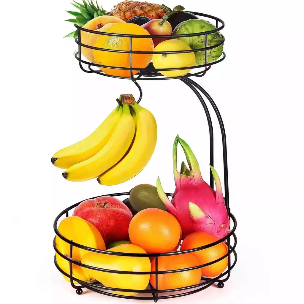 Black and gold double-layer wrought iron fruit and vegetable storage basket for commercial kitchens