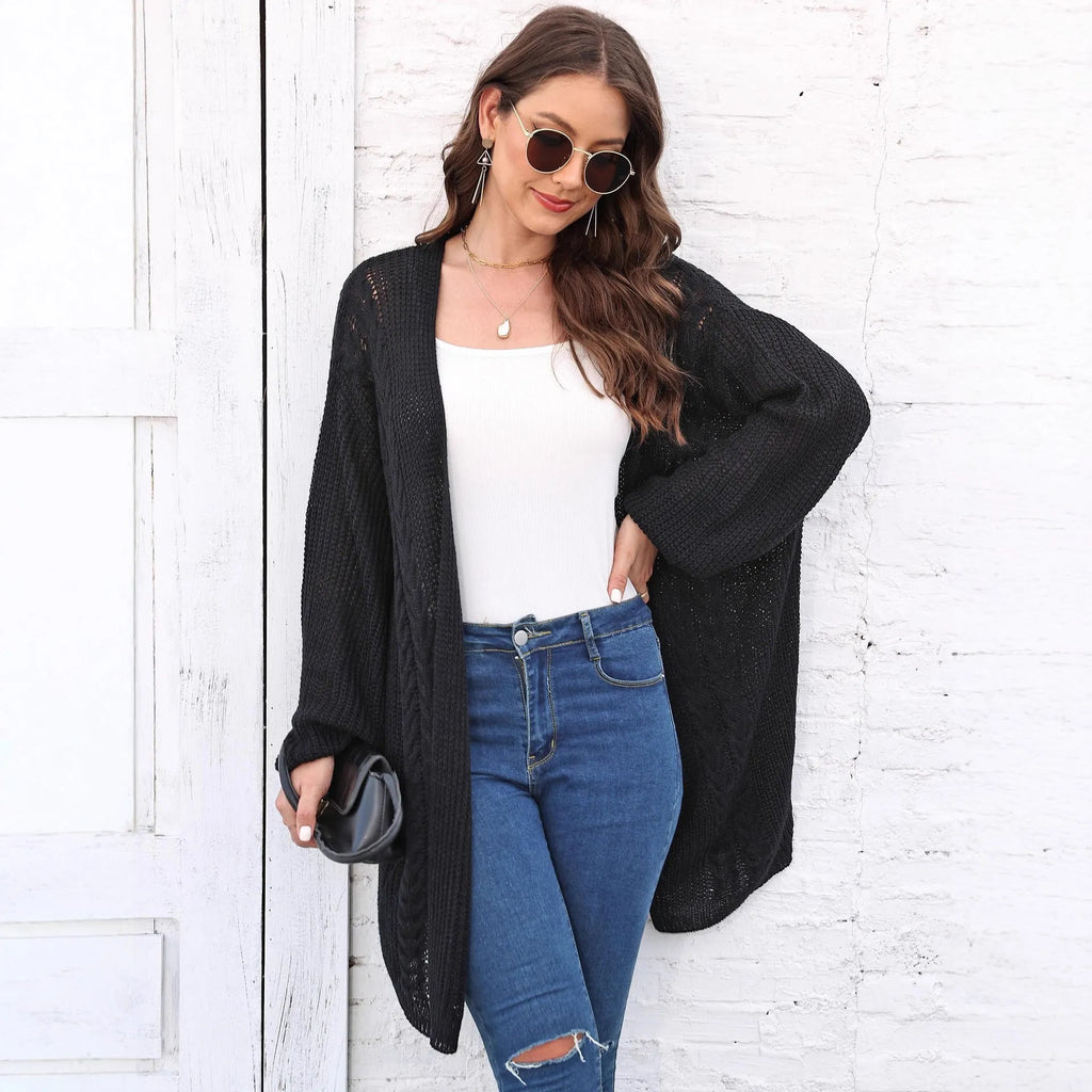 Women's loose acrylic cardigan in free size, shown in solid colour options including army green, black, brown, light grey, and rose red.
