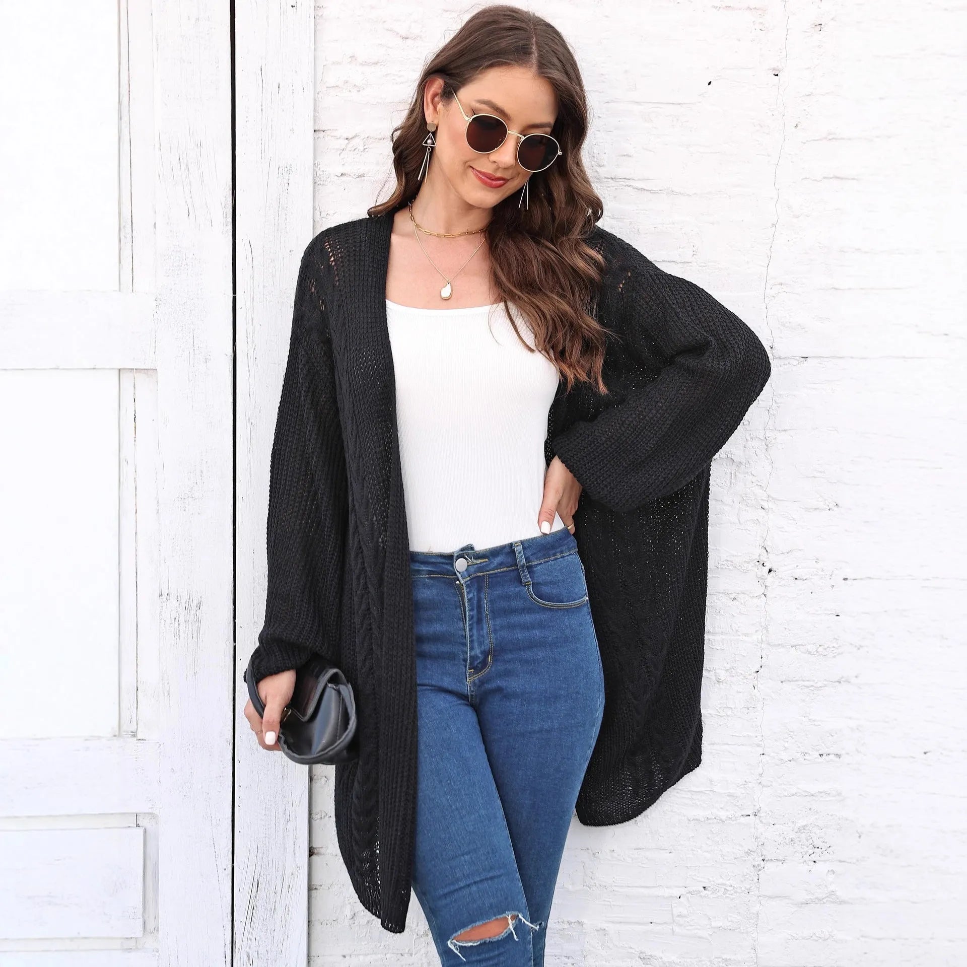Women's loose acrylic cardigan in free size, shown in solid colour options including army green, black, brown, light grey, and rose red.