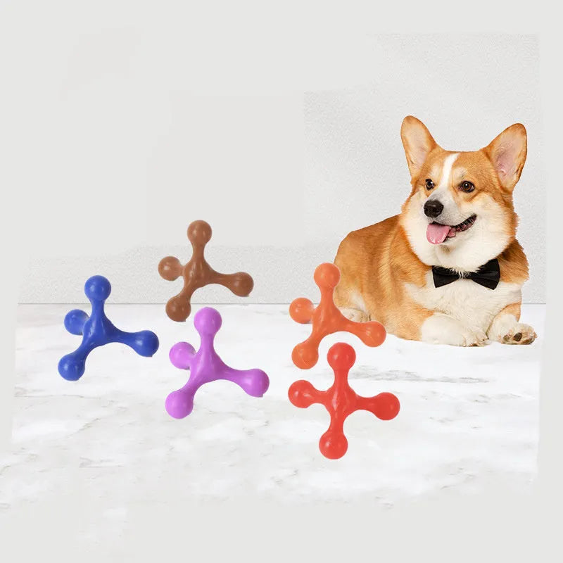 Blue silicone three-legged chew toy for small and medium dogs on a white background.