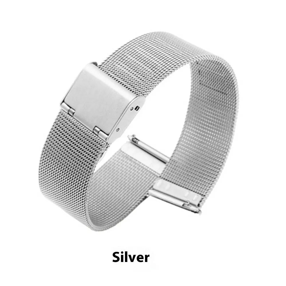 Milani silk woven stainless steel watch band in silver, showing linked metal weave.