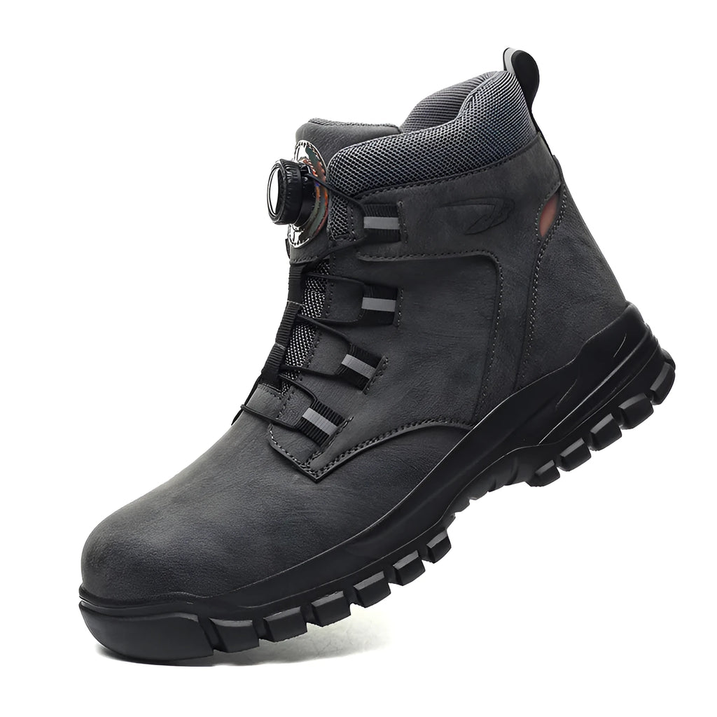 Leather work safety shoes with anti-smash anti-puncture soles in black, yellow, and grey colour options.