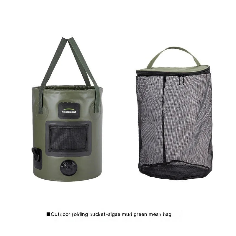 Yellow folding plastic fishing bucket shown open and collapsed, 25 litre capacity.