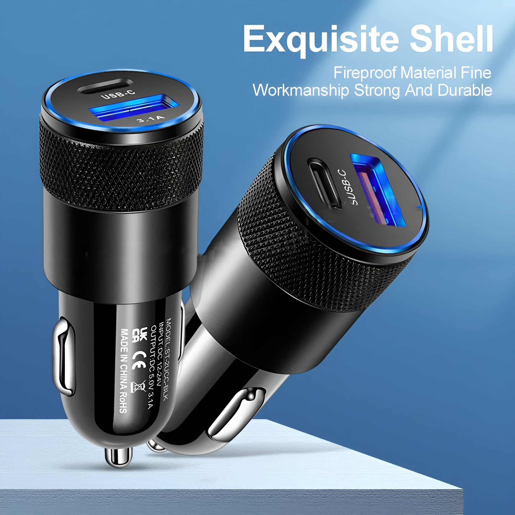 Aluminium alloy mobile phone car charger showing black finish with 12V input