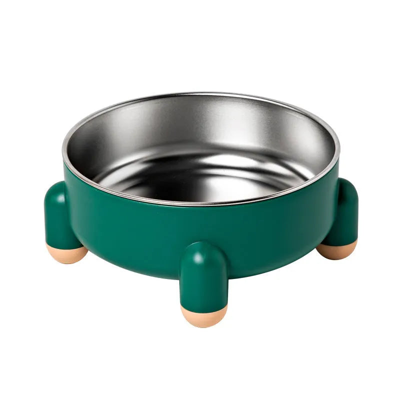 Stainless steel pet food bowl with non-slip base in pink, white and green colours
