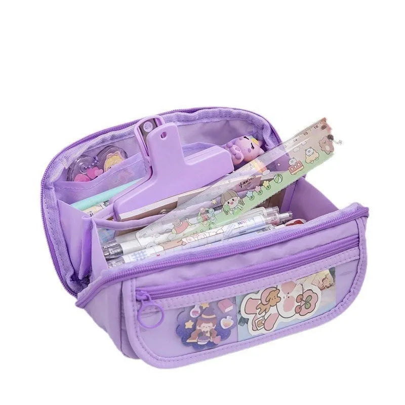Ten-layer flip canvas pencil case in Korean style with multiple compartments