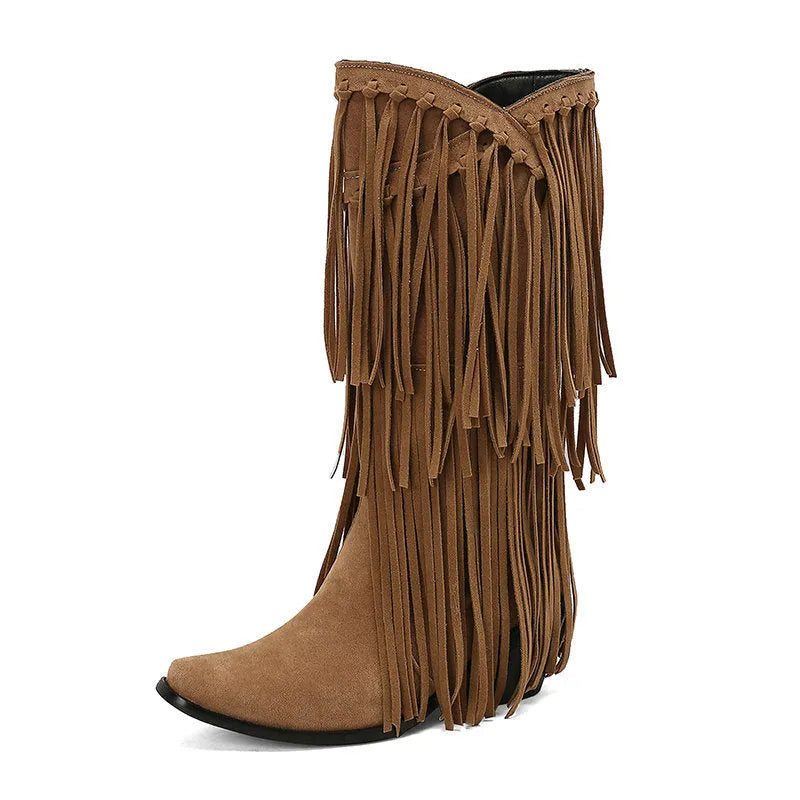 Women's suede mid-calf boots with tassel detail, square toe, and short chunky heel in beige, black, brown, red, and yellow colours.