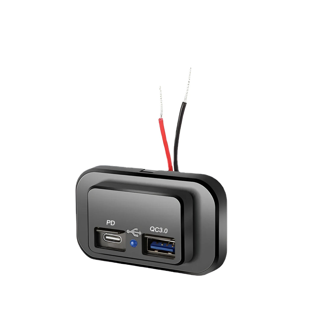 Black QC3.0 and PD3.0 modified car charger with TYPE-C port for 36W fast charging in vehicles.