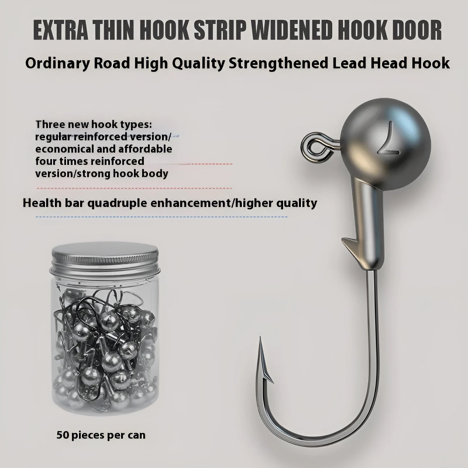 Set of 50 enhanced jig hooks with 4 times strengthened construction including blood trough designs