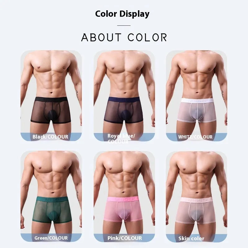 Men's thin invisible breathable boxer shorts in solid colours including black, white, and blue.