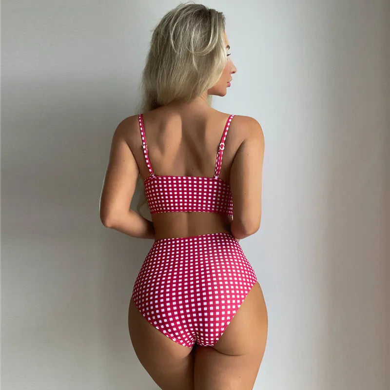 Women's plaid high-waist bikini swimsuit in multiple colours with separate tops and briefs