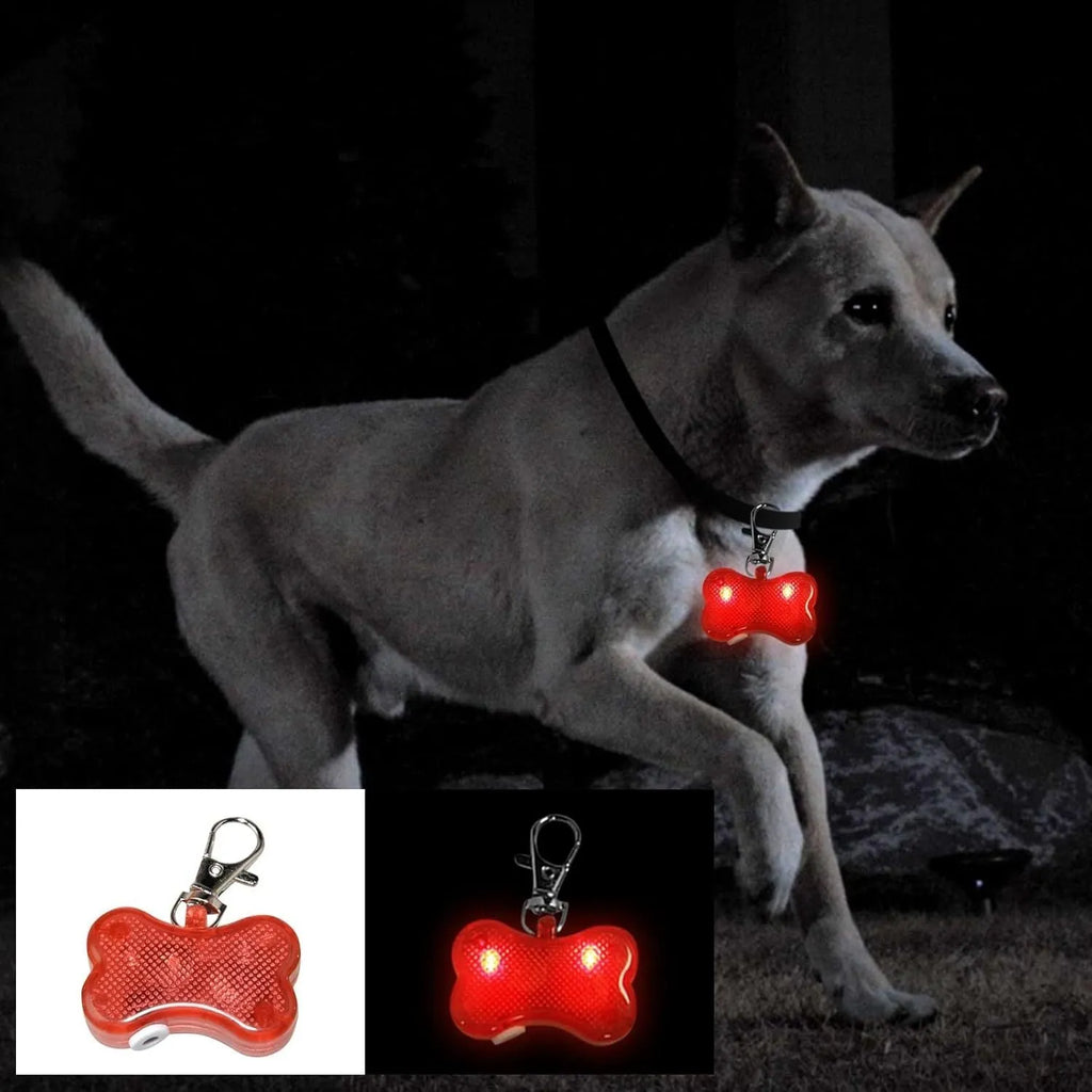 Blue bone-shaped LED pet pendant showing dimensions and attachment loop for collars