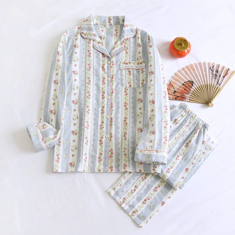 Women's cotton gauze long-sleeved top and trousers homewear set in a colour stripes pattern.