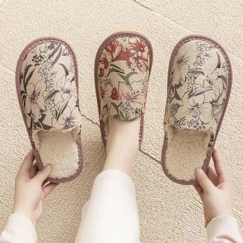 Household cotton slippers with floral patterns and PVC soles in various colours and sizes