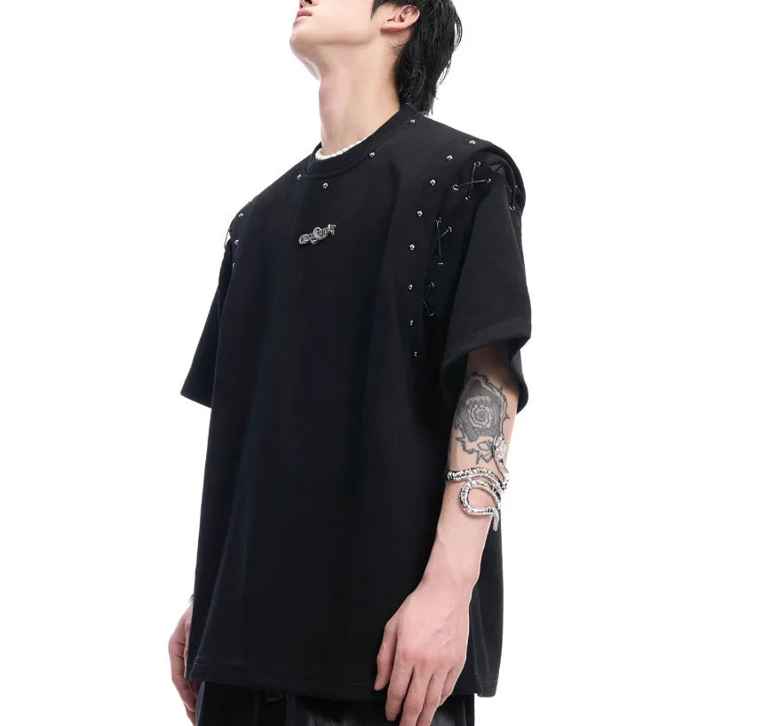 Women's short sleeve top with side lace-up detail and geometric cutouts in black colour