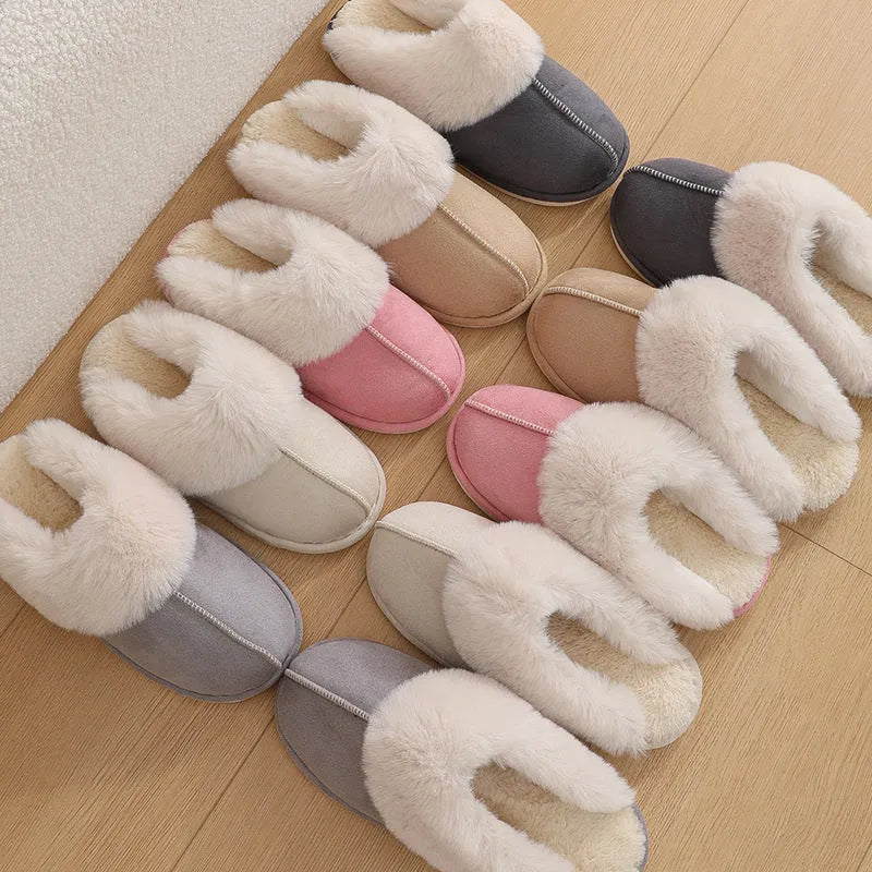 Women's winter plush slippers with round toe design in brown colour showing stitching detail