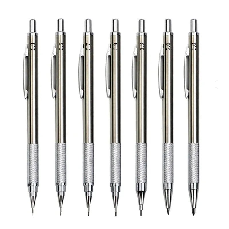 Metal automatic mechanical pencil shown with selectable lead size options including 0.5mm and 2.0mm.