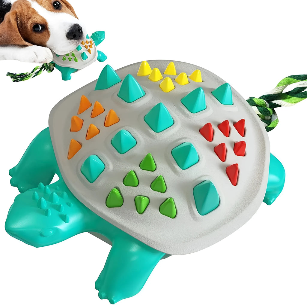 Natural rubber mint dog toothbrush chew toy with dinosaur knot tail in two-tone colours.