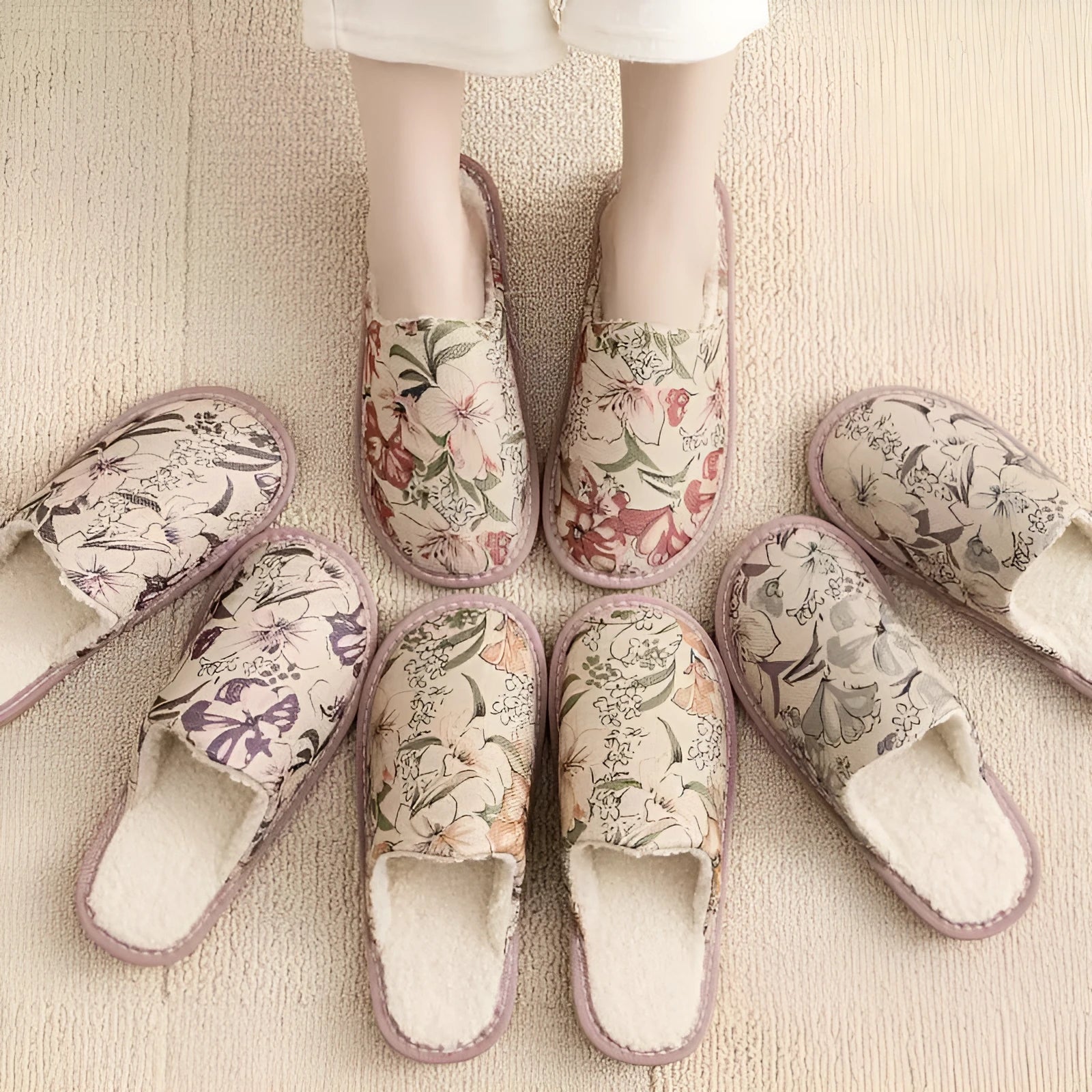 Household cotton slippers with floral patterns and PVC soles in various colours and sizes