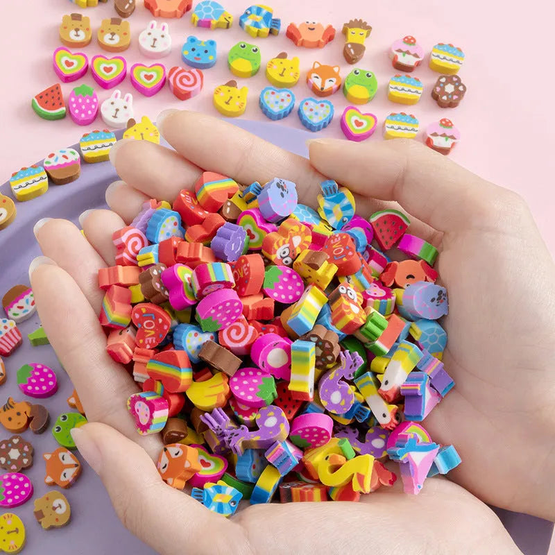 50 colourful cartoon mini erasers in pearlescent bags showing fruit, animal, and holiday designs