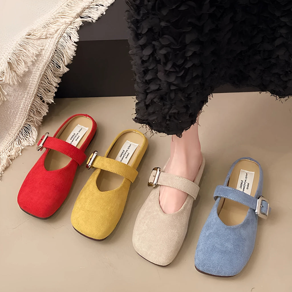 Women's flat PU leather slippers with square toe design in multiple colours