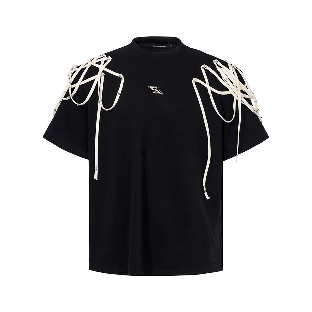 Black short-sleeved T-shirt with rivet ribbon padded shoulders, loose fit, round neck