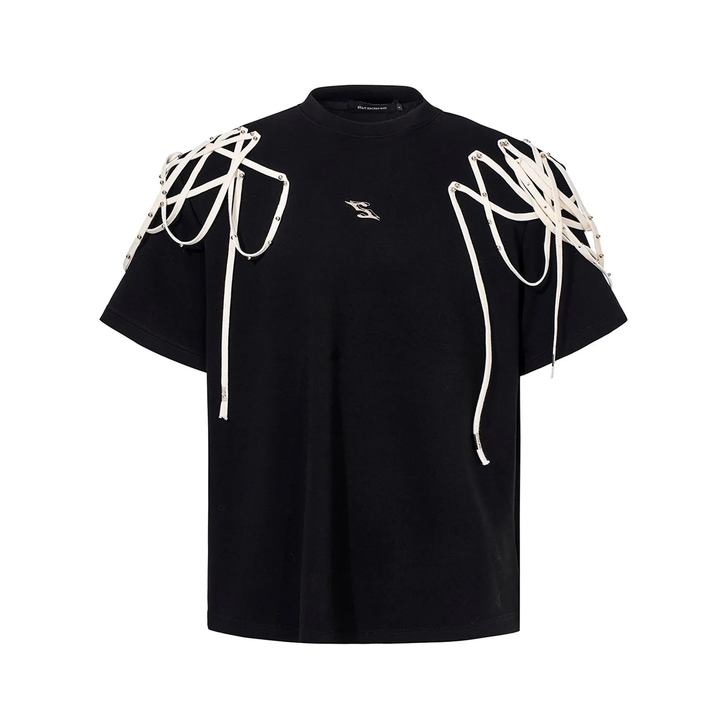 Black short-sleeved T-shirt with rivet ribbon padded shoulders, loose fit, round neck
