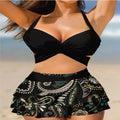 Women's purple lace-up backless bikini set with high-waisted skirt for swimming
