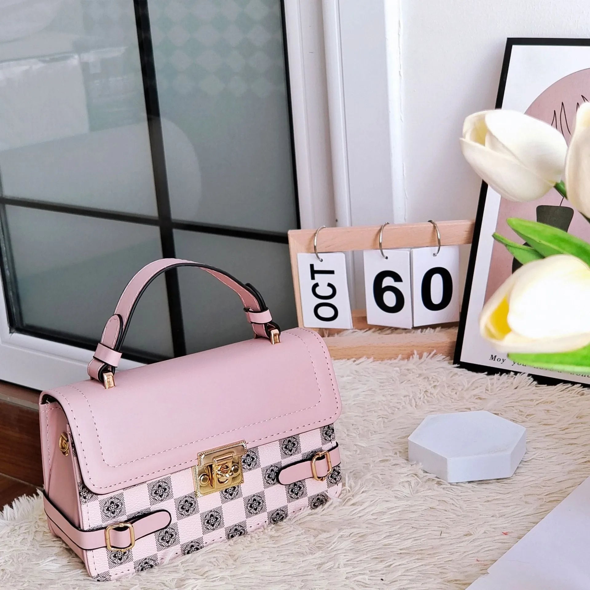 Horizontal square PU leather crossbody bag with ethnic pattern and file compartment