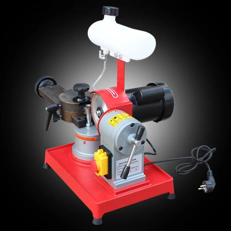 Manual sharpening machine for alloy circular saw blades on workbench with grinding wheel and adjustment controls