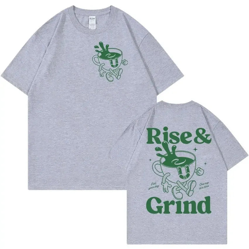 Men's loose fit light grey t-shirt with a green 'Rise and Grind' coffee cartoon print on the front.