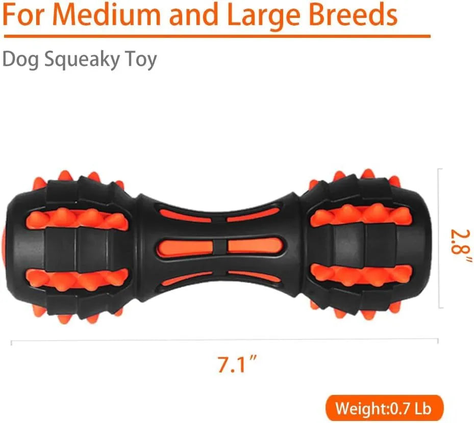 Red dumbbell-shaped dog chew toy with natural rubber construction and squeaker for medium large breeds