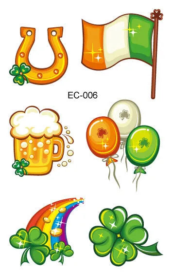 Pack of St Patrick's Day clover temporary tattoo stickers, 120mm by 75mm water transfer design.