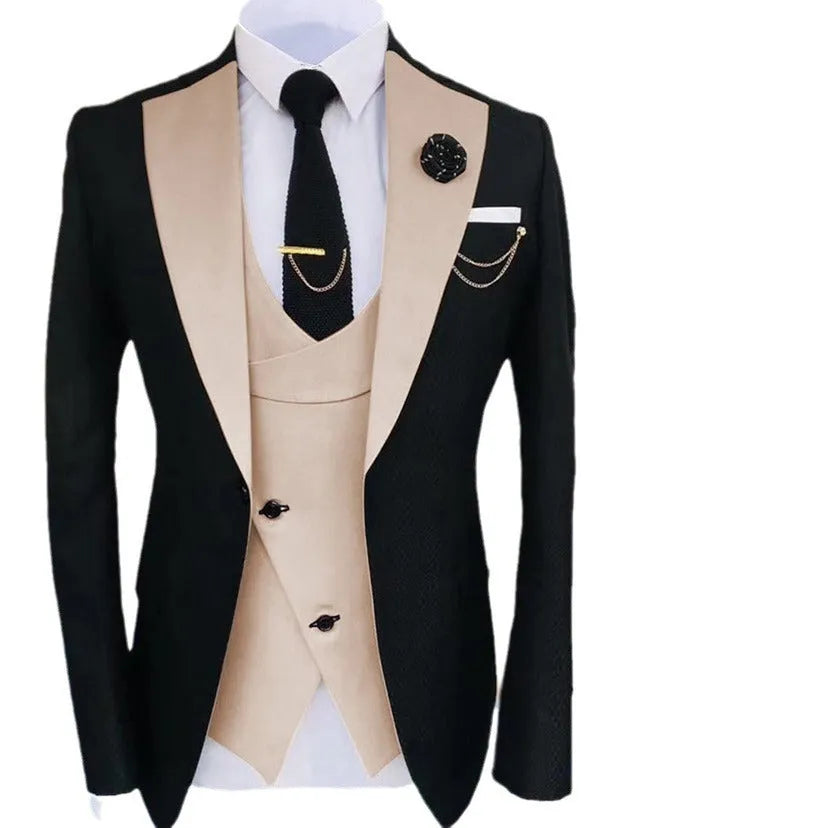 Men's black slim fit three-piece cotton suit with vest for weddings.