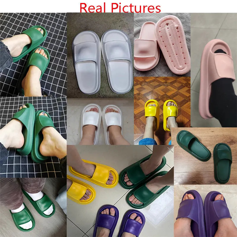 Thick sole EVA flip flop slippers in multiple colours on a white background.