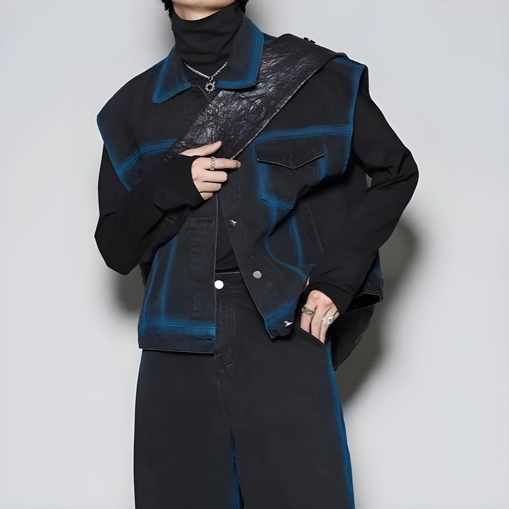 Distressed denim vest and jeans two-piece suit with gradient spray colour effect