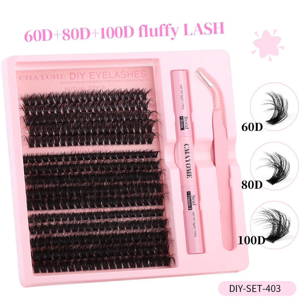 DIY false eyelash extension kit with cluster lashes and professional tweezers