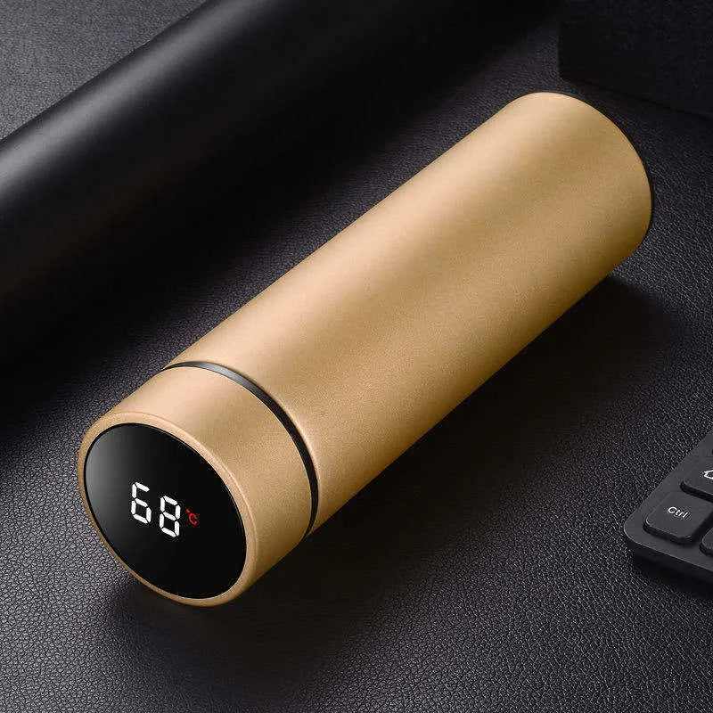 450ml stainless steel insulated water bottle in blue with optional temperature display on lid.